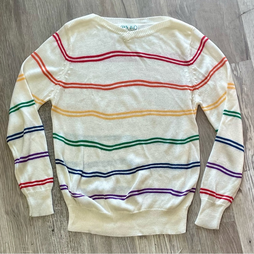 SOLD Vintage 1980s e.v. ltd. Rainbow Striped V-Neck Knit Sweater - Picture 2 of 11